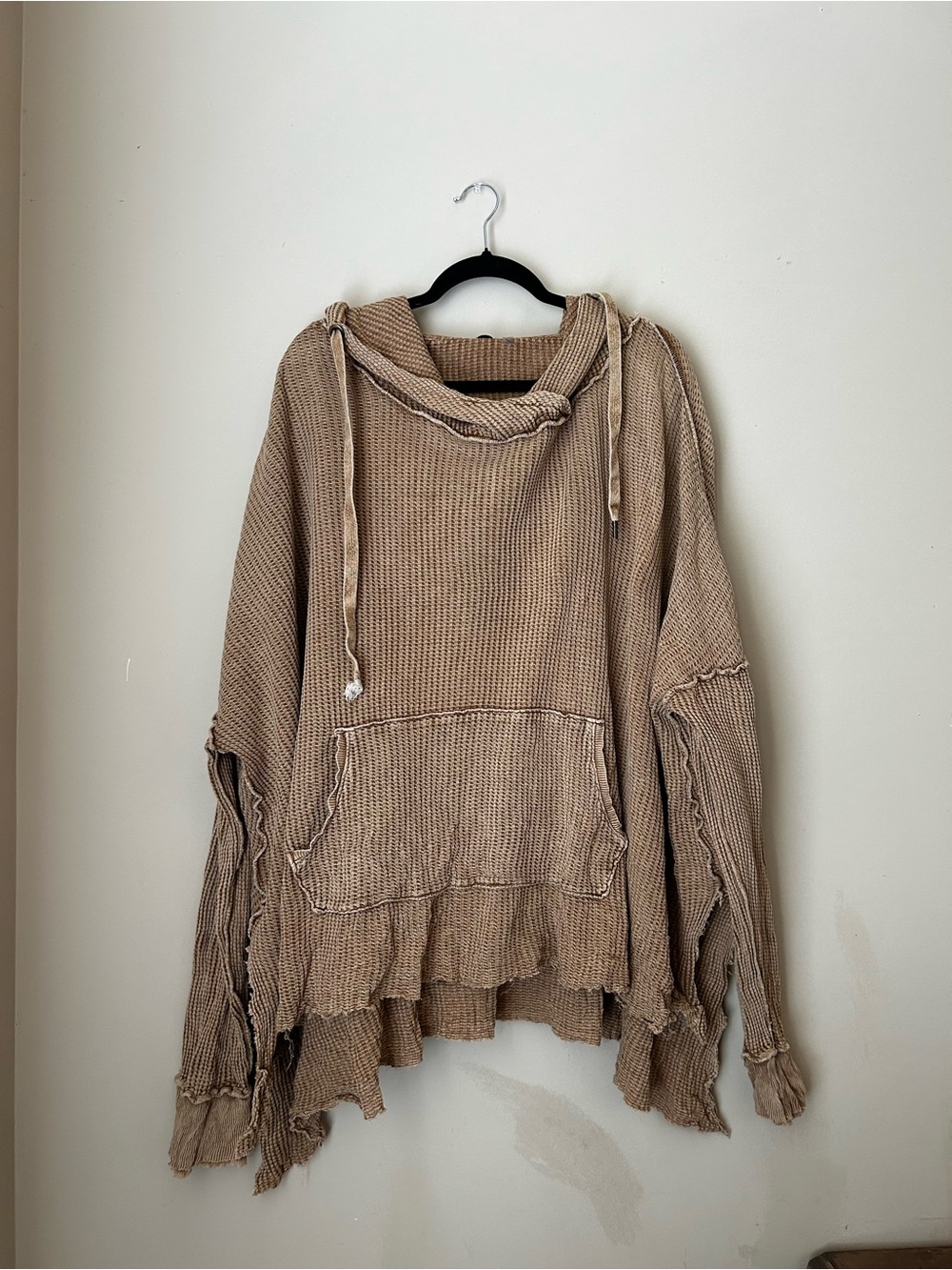 Free People Distressed Waffle-Knit Hooded Cowl Sweater in Beige